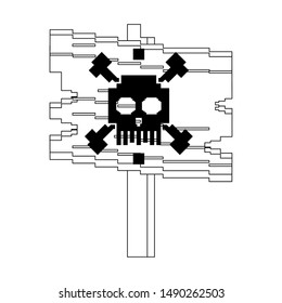 videogame pixelated retro art digital entertainment, wooden skull sign cartoon vector illustration graphic design