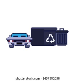 Videogame pixelated scenery car and trash cans vector illustration graphic design