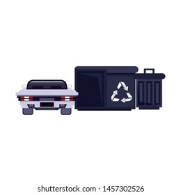 Videogame pixelated scenery car and trash cans vector illustration graphic design