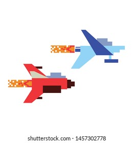 Videogame pixelated spaceship flying isolated vector illustration graphic design