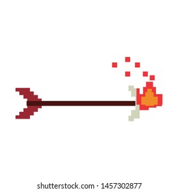 Videogame pixelated weapon arch with bow in fire symbol vector illustration graphic design