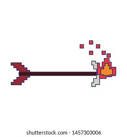 Videogame pixelated weapon arch with bow in fire symbol vector illustration graphic design