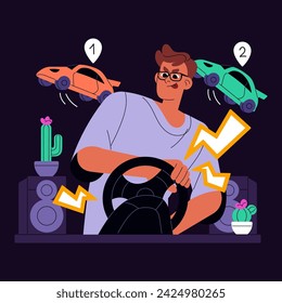 Videogame player rushing in online car race. Computer racer plays video game on console with steering wheel. Professional gamer rejoices of virtual driving simulator. Flat isolated vector illustration