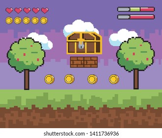videogame scene with pixelated coffer with trees and coins