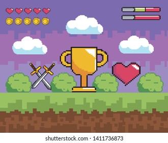 videogame scene with pixelated cup prize and swords with heart