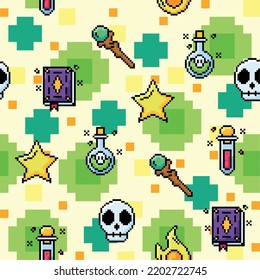 Videogame seamless pattern background with magic icons Vector