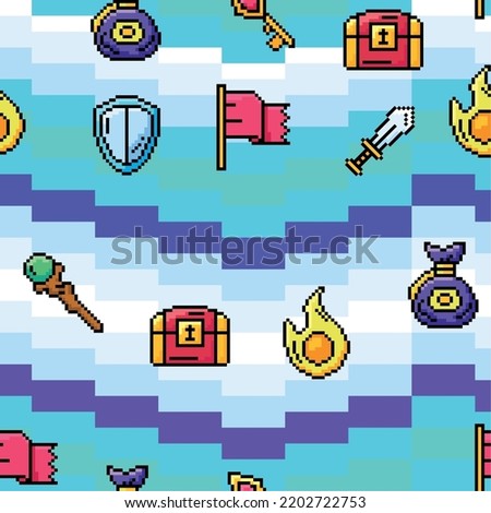 Videogame seamless pattern background with shields and chest icons Vector