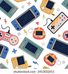 Videogame seamless pattern. Retro game controllers, modern gamepads, vintage joysticks and electronic tamagotchi keychains. Decor textile, wrapping, wallpaper design. Teen print nowaday vector