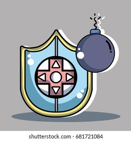 videogame shield with controller and bomb game