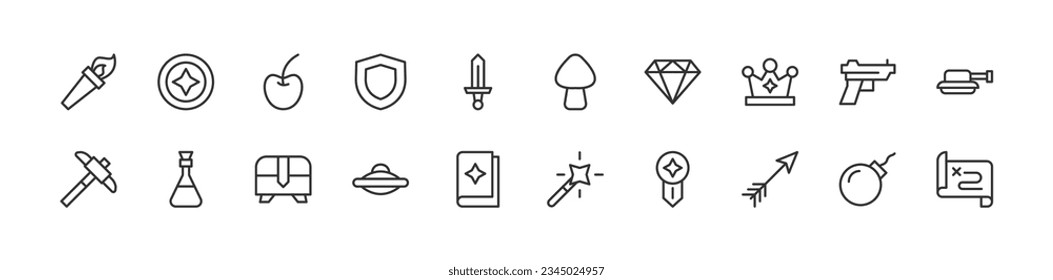 videogame simple icon set. Outline editable stroke. Pixel perfect 24x24px. Isolated on a white background