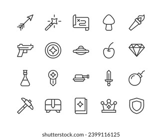 videogame simple icon set. Outline editable stroke. Pixel perfect 24x24px. Isolated on a white background