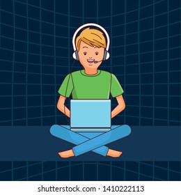 videogame young man laptop play scene cartoon  over three dimensional blue background vector illustration graphic design
