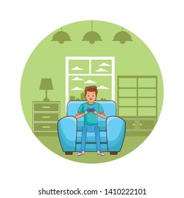 videogame young man play scene cartoon  seated on sofa at home round icon vector illustration graphic design