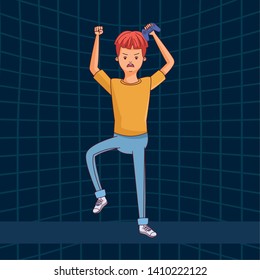 videogame young man play scene cartoon  over three dimensional blue background vector illustration graphic design