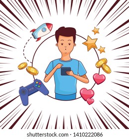 videogame young man smartphone play scene cartoon  over comic lines background vector illustration graphic design