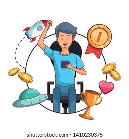 videogame young man smartphone play scene cartoon vector illustration graphic design