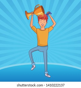 videogame young success winner man play scene cartoon  over blue striped background vector illustration graphic design
