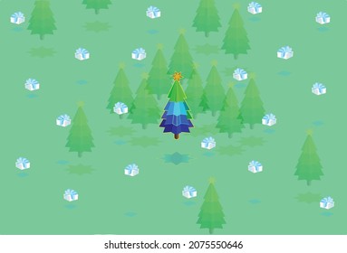 Escena de videojuegos, regalos cayendo como nieve, árboles navideños en 3D flotando en un bosque, presenta una sensación de alta tecnología, futurista y feliz. vector.