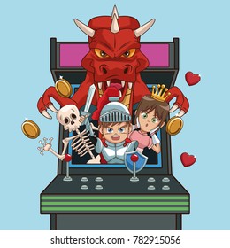 Videogames characters cartoons on arcade