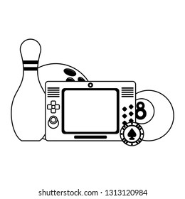 Videogames console with pool ball and bowling in black and white