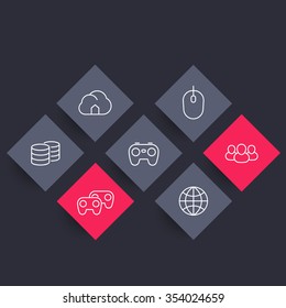 videogames, cooperative, multiplayer, console gaming line rhombic icons, vector illustration