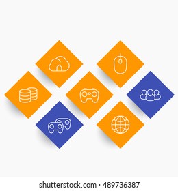 videogames, cooperative, multiplayer, console gaming line icons on rhombic shapes