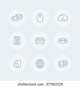 videogames, cooperative, multiplayer, cybersport, video console gaming thin line icons, vector illustration