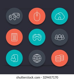 videogames, cooperative, multiplayer, gaming, line round color icons, vector illustration