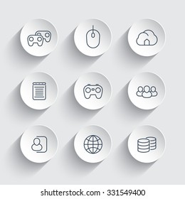 videogames, cooperative, multiplayer, gaming, line icons on round 3d shapes, vector illustration