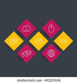 videogames, cooperative, multiplayer, pc and console gaming line icons on rhombic shapes