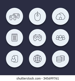videogames, cooperative, multiplayer, video console gaming, line round icons, vector illustration