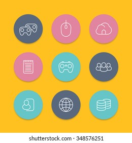 videogames, cooperative, multiplayer, video console gaming, line round flat icons, vector illustration