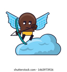Videogames enemy with wings holding arch on clouds cartoons vector illustration graphic design