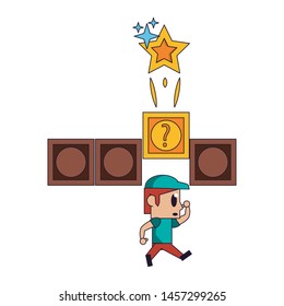 Videogames plumber jumping to suprise box with star cartoons vector illustration graphic design