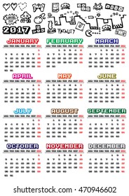 Videogames themed 2017 vector calendar. Week starts with monday. You can see hand drawn gaming doodles at the top and 2017 title. Colorful month names, pixelated font. white background.