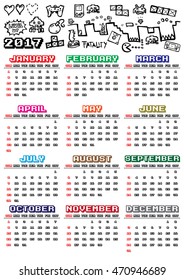 Videogames themed 2017 vector calendar. Week starts with sunday. You can see hand drawn gaming doodles at the top and 2017 title. Colorful month names, pixelated font. White background.