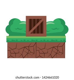 Videogames wooden chest on terrain with bushes cartoons vector illustration graphic design