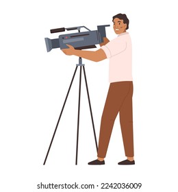 Videographer or cameraman adjusting camera on tripod for shooting video. TV-operator with professional studio equipment. Cameraman flat cartoon character, vector illustration