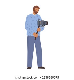 Videographer or cameraman with camera in hands. Man shooting video, film maker. TV-operator or videographer with professional studio equipment, flat cartoon vector illustration