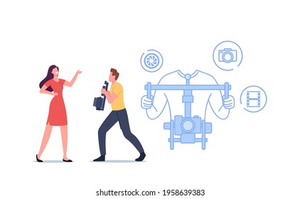 Videographer or Cameraman Character with Camera on Gimbal Stabilizer Recording Female Journalist or Tv Reporter Presenting Breaking News. Mass Media Industry Work. Cartoon People Vector Illustration