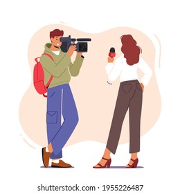 Videographer or Cameraman Character with Camera Recording Female Journalist or Tv Reporter Holding Microphone Presenting Breaking News. Mass Media Industry Work. Cartoon People Vector Illustration