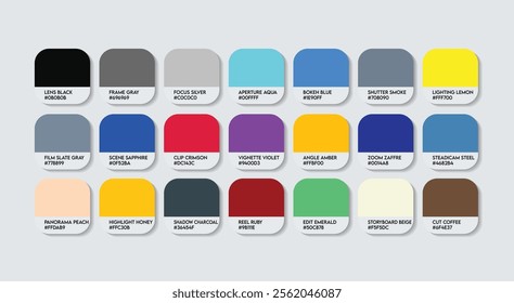 Videographer Color Guide Palette with Color Names. Catalog Sample Videographers with RGB HEX codes and Names. Colors Palette, Media Videographer Color Palette, Fashion Trend Videographer Color Palette