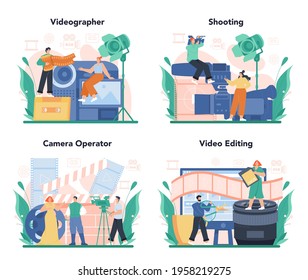 Videographer concept set. Video production, filming and editing.