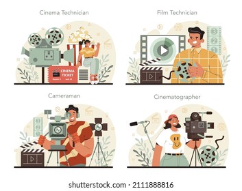 Videographer concept set. Video production, filming and editing. Cameraman or motion designer. Making visual content for media with special equipment. Flat vector illustration