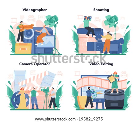 Videographer concept set. Video production, filming and editing.