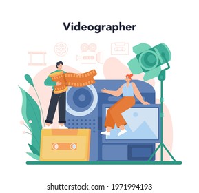 Videographer concept. Video production, filming and editing. Cameraman or motion designer. Shooting visual content for media with special equipment. Flat vector illustration