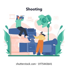 Videographer concept. Video production, filming and editing. Cameraman or motion designer. Shooting visual content for media with special equipment. Flat vector illustration