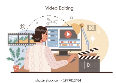 Videographer concept. Video production, filming and editing. Cameraman or motion designer. Making visual content for media with special equipment. Flat vector illustration