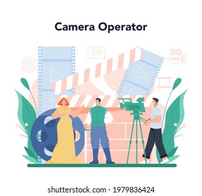 Videographer concept. Video production, filming and editing. Cameraman or motion designer. Shooting visual content for media with special equipment. Flat vector illustration