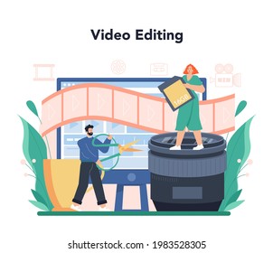 Videographer concept. Video production, filming and editing. Cameraman or motion designer. Shooting visual content for media with special equipment. Flat vector illustration